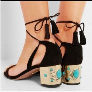 Aquazzura Cleopatra 50 Embellished Black Suede Block heel Sandal size 37